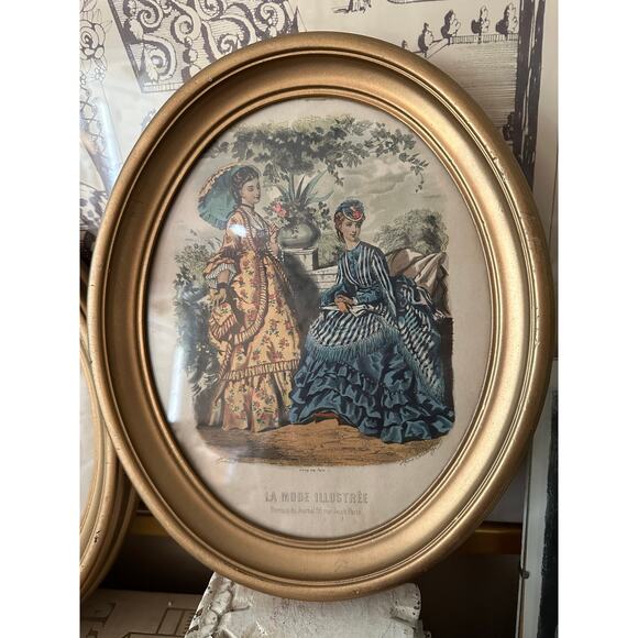 2 vintage Framed Victorian French Fashion Prints La Mode Illustree oval set - Picture 7 of 12